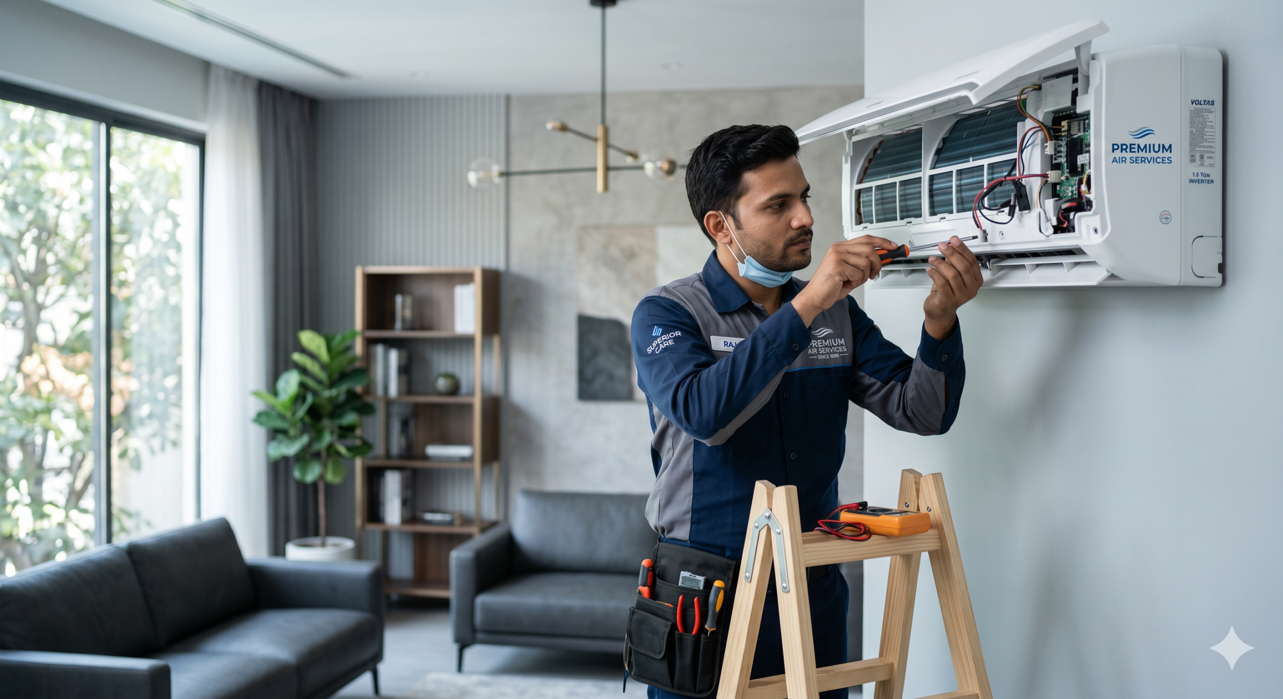 Professional AC technician servicing a split air conditioner in Salem
